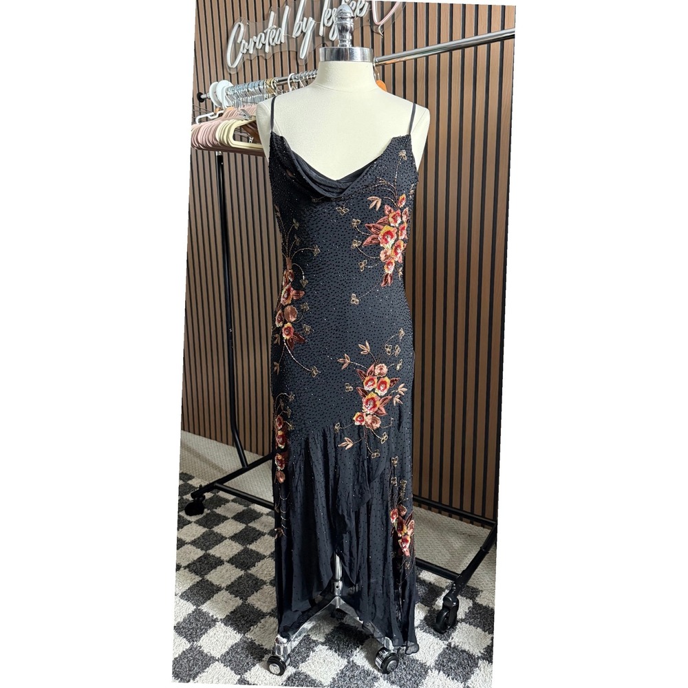 Vintage Sue Wong Nocturne Dress Womens 10 Black Silk Beaded Floral Maxi Y2K